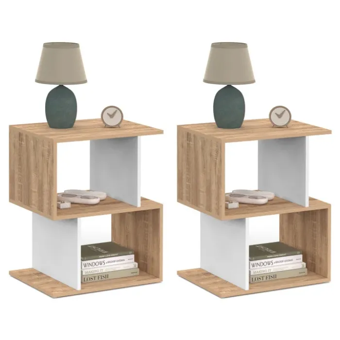 Tables de nuit en forme de S effet hêtre et blanc