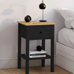 Tables de nuit noire et bois avec tiroir et tablette