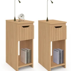 Tables de nuit étroites effet lattes et bois
