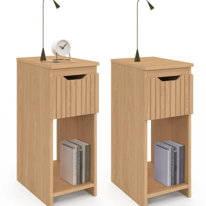 Tables de nuit étroites effet lattes et bois
