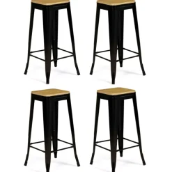 Tabourets de bar bois et métal noir empilables x4