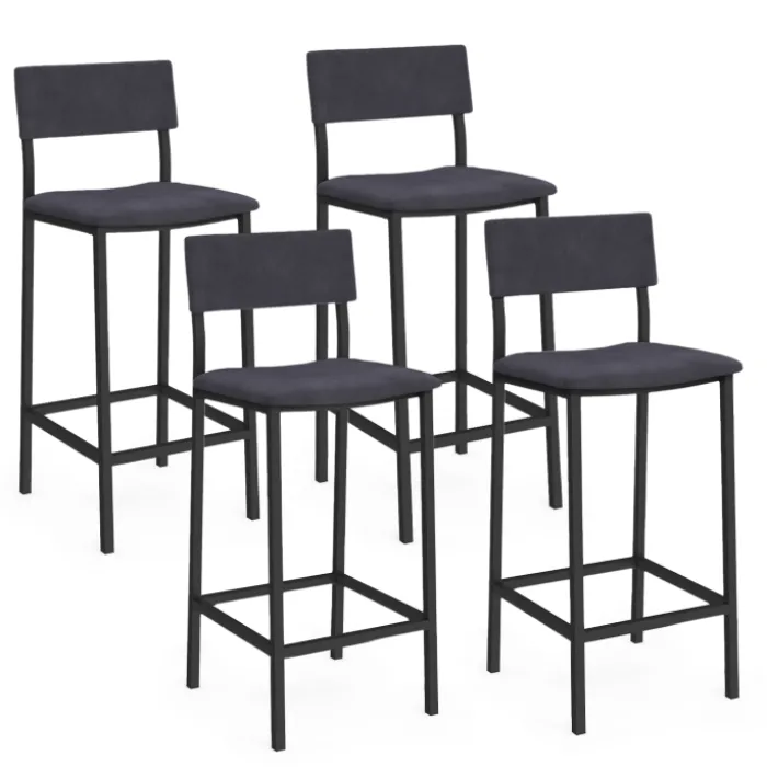 Tabourets de bar en velours et métal gris anthracite : lot de 4