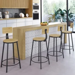 Tabourets de bar industriel avec dossier bois et métal noir