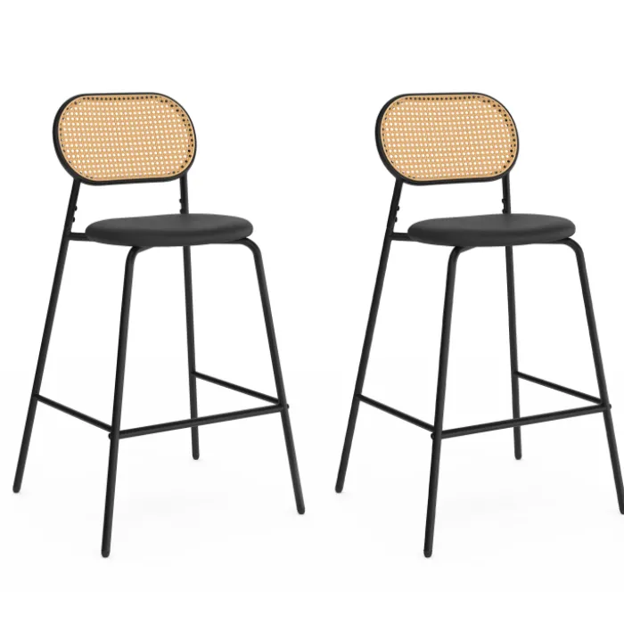 Tabourets de bar vintage métal noir et cannage