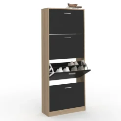 Étagère à chaussures imitation hêtre avec 4 portes noires