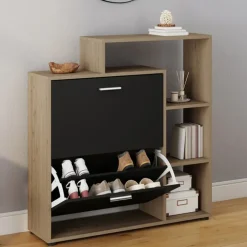 Étagère à chaussures imitation hêtre avec 2 portes noires