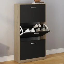 Étagère à chaussures imitation hêtre et portes noires