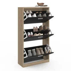 Étagère à chaussures imitation hêtre et portes noires