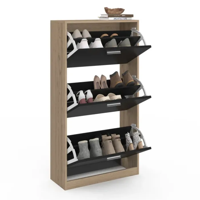 Étagère à chaussures imitation hêtre et portes noires