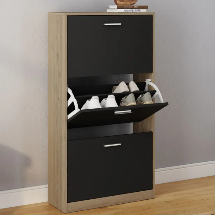 Étagère à chaussures imitation hêtre et portes noires