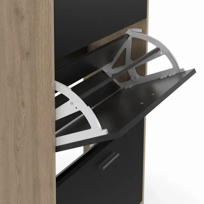 Étagère à chaussures imitation hêtre et portes noires