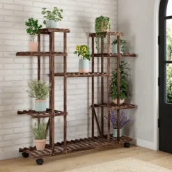 Étagère à pots de fleurs en bois de sapin 8 niveaux et roulettes