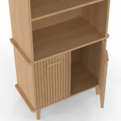 Étagère bibliothèque bois coloris chêne 4 niveaux avec placard lattes tasseau