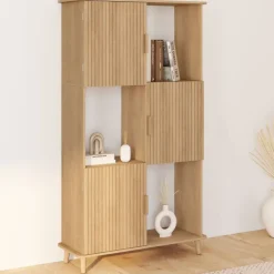 Étagère bibliothèque bois coloris chêne lattes tasseau avec 6 compartiments