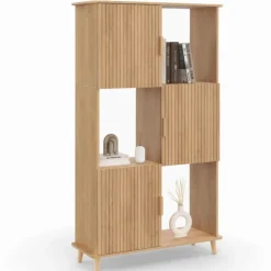 Étagère bibliothèque bois coloris chêne lattes tasseau avec 6 compartiments