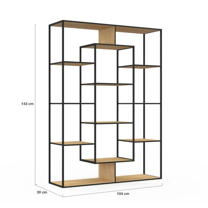 Étagère bibliothèque bois et métal 143 cm 11 compartiments style industriel