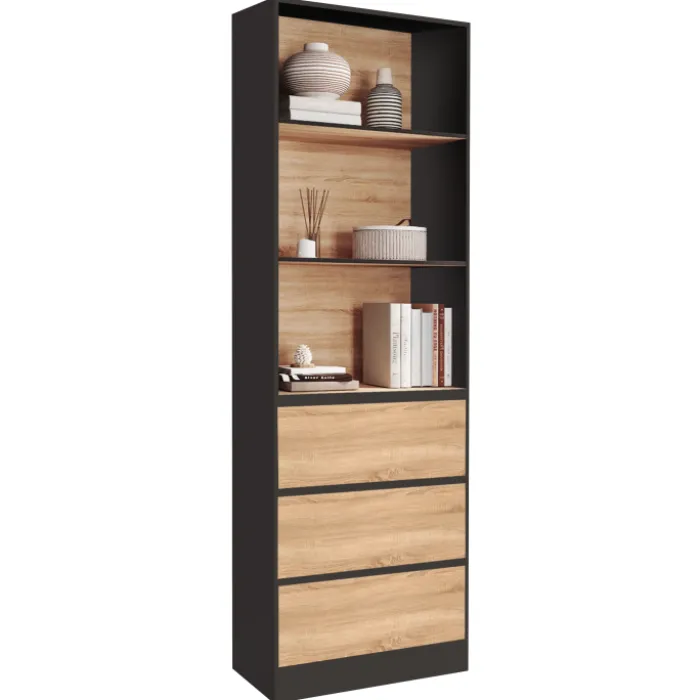 Étagère bibliothèque bois et noir 3 tiroirs 3 niveaux H.190cm