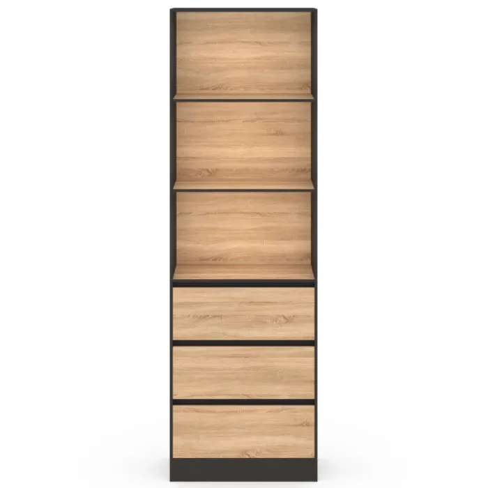 Étagère bibliothèque bois et noir 3 tiroirs 3 niveaux H.190cm