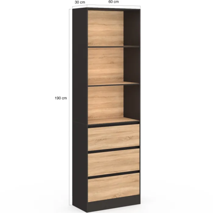 Étagère bibliothèque bois et noir 3 tiroirs 3 niveaux H.190cm