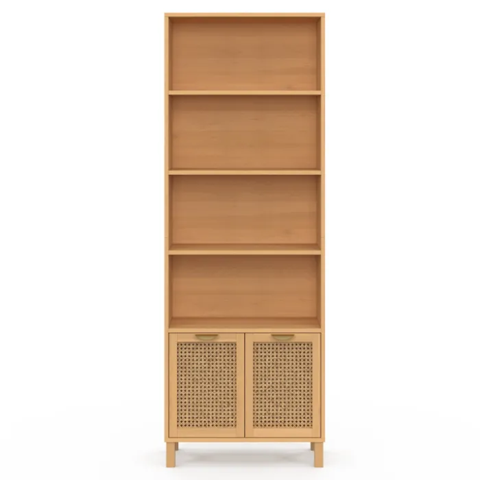 Étagère bibliothèque cannage et bois 4 niveaux avec placard
