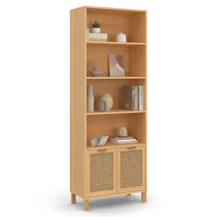 Étagère bibliothèque cannage et bois 4 niveaux avec placard