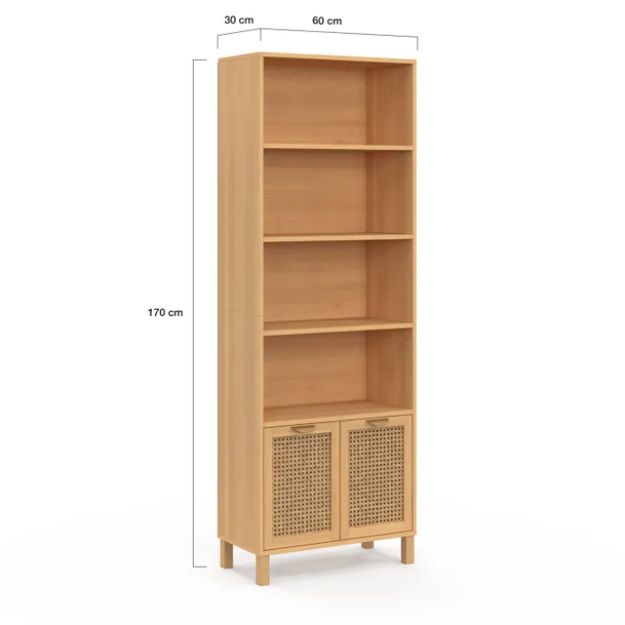 Étagère bibliothèque cannage et bois 4 niveaux avec placard