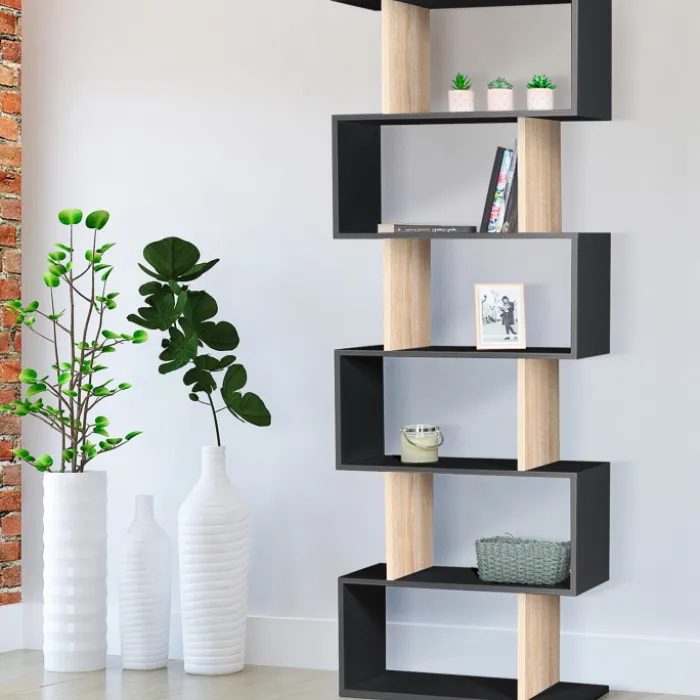 Étagère bibliothèque en S 189cm bois façon hêtre et noir