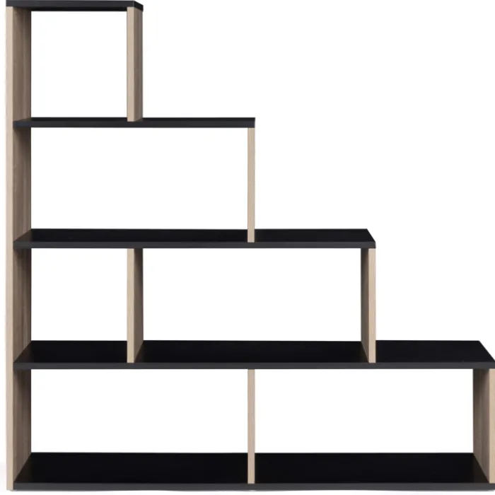 Étagère bibliothèque forme escalier bois imitation hêtre et noir