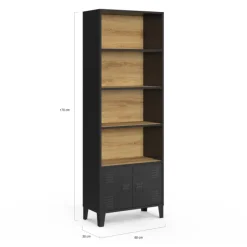 Étagère bibliothèque industrielle bois et noir 4 niveaux avec placard portes métalliques