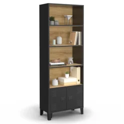 Étagère bibliothèque industrielle bois et noir 4 niveaux avec placard portes métalliques