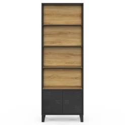 Étagère bibliothèque industrielle bois et noir 4 niveaux avec placard portes métalliques
