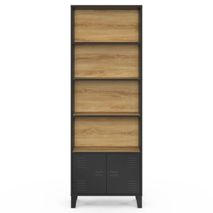 Étagère bibliothèque industrielle bois et noir 4 niveaux avec placard portes métalliques