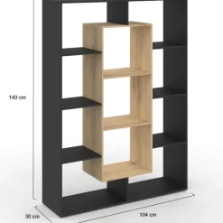Étagère bibliothèque noire et bois 143 cm 11 compartiments
