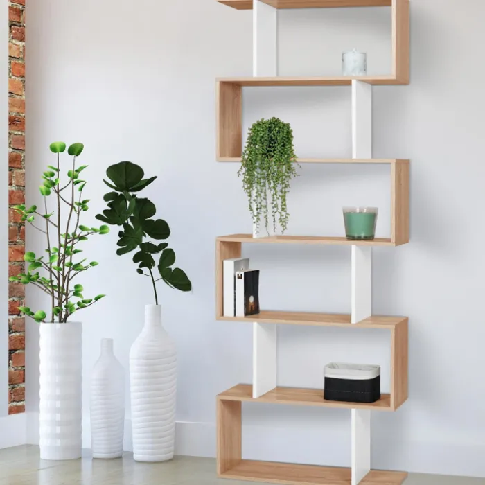 Étagère blanc et bois en S 6 niveaux
