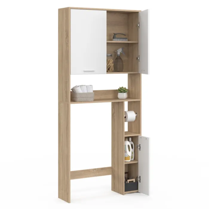 Étagère dessus WC blanc et bois façon hêtre avec dévidoir à papier