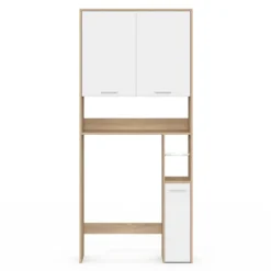 Étagère dessus WC blanc et bois façon hêtre avec dévidoir à papier