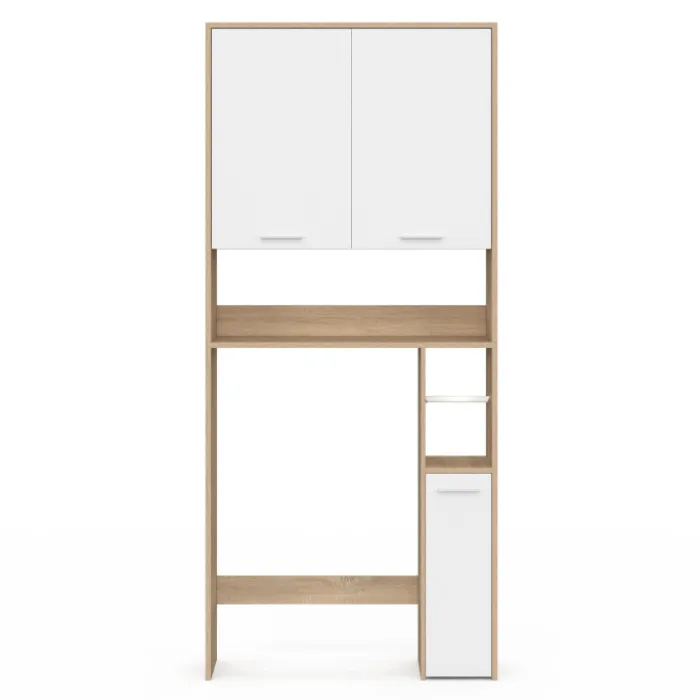 Étagère dessus WC blanc et bois façon hêtre avec dévidoir à papier