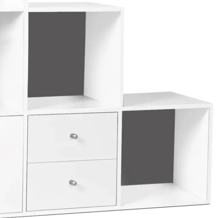 Étagère escalier bois blanc fond gris 6 cases