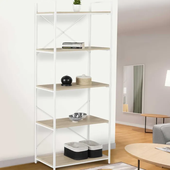Étagère industrielle bois et métal blanc 5 niveaux