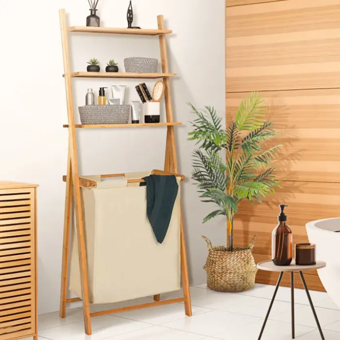 Étagère panier à linge en bambou et tissu écru
