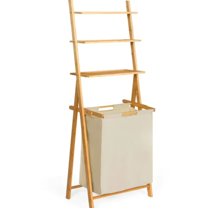 Étagère panier à linge en bambou et tissu écru