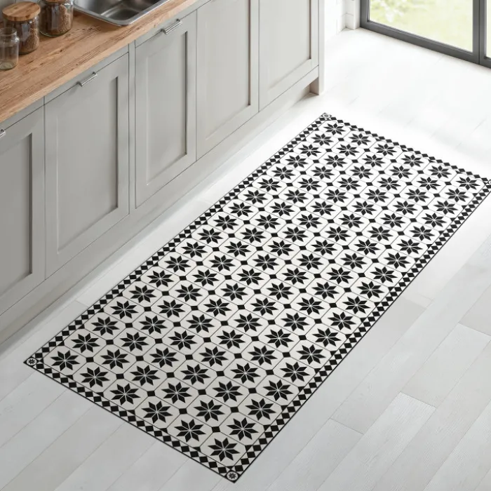 Tapis en vinyle effet mosaïque noir et blanc 66 x 160 cm