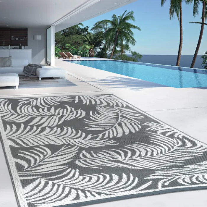 Tapis extérieur terrasse motifs tropicaux gris et blancs 180 x 280 cm