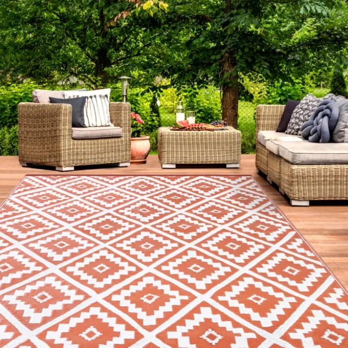 Tapis extérieur terrasse motifs géométriques terracotta et blanc 160 x 260 cm