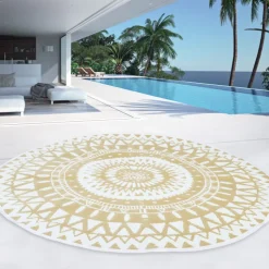 Tapis extérieur terrasse motifs maoris blanc et naturel 150 cm