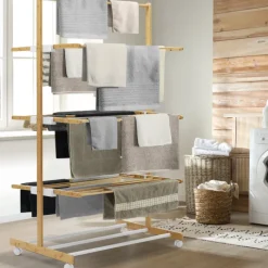 Étendoir à linge 3 niveaux en bambou