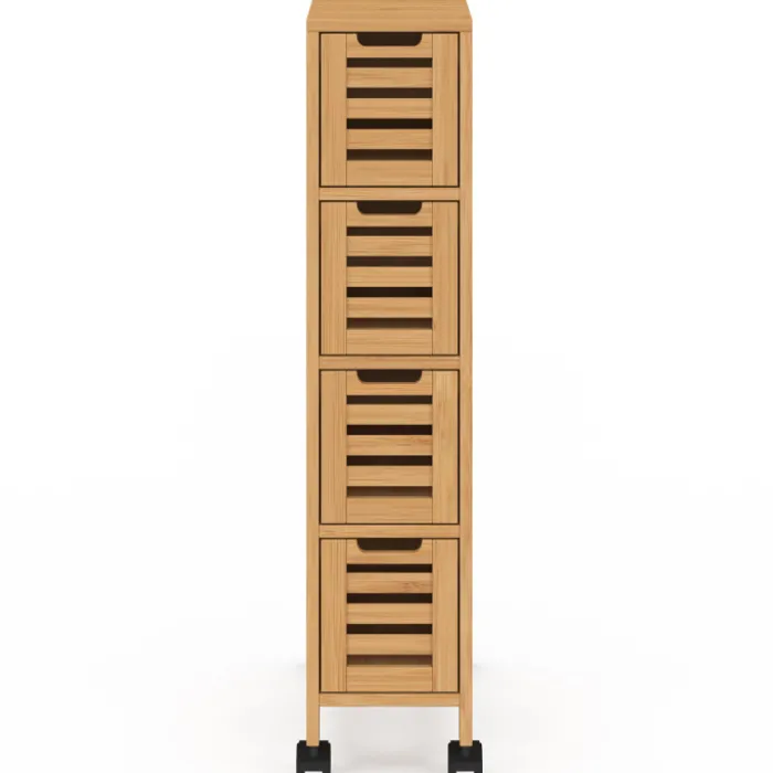 Tour de rangement 4 tiroirs bambou sur roulettes colonne gain de place