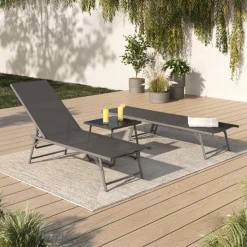 Transats de jardin acier gris anthracite et toile grise - lot de 2