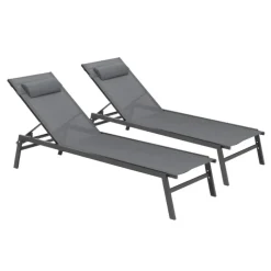 Transats de jardin aluminium gris et noir : lot de 2