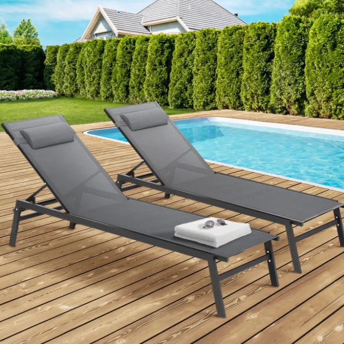 Transats de jardin aluminium gris et noir : lot de 2